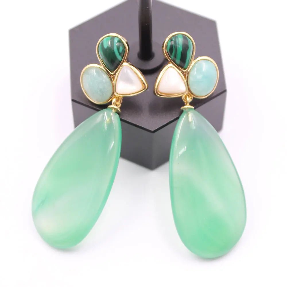 EarringsGreen Agates White Shell Peruvian Amazonites Dangel Stud Earrings - WS JewelleryNatural Stone ColelctionNatural Stone EarringPearl Earring