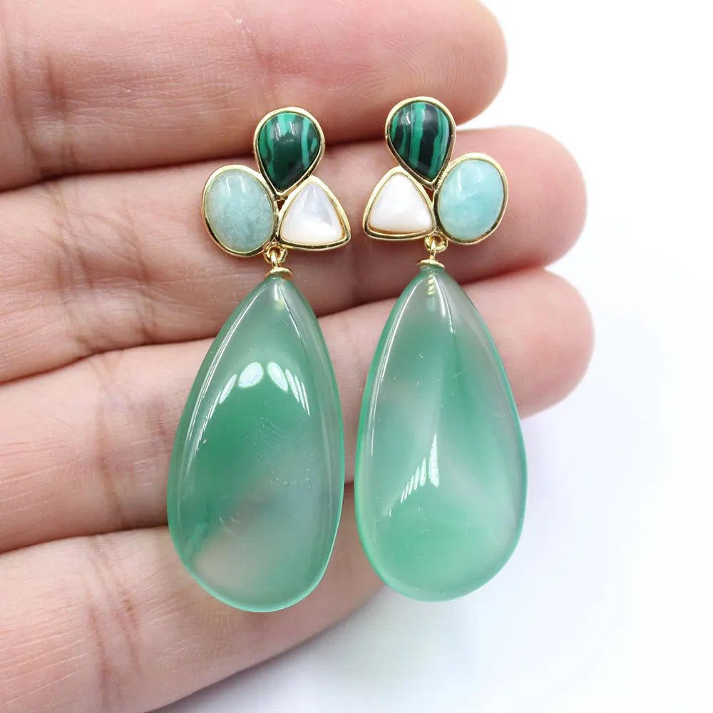 EarringsGreen Agates White Shell Peruvian Amazonites Dangel Stud Earrings - WS JewelleryNatural Stone ColelctionNatural Stone EarringPearl Earring