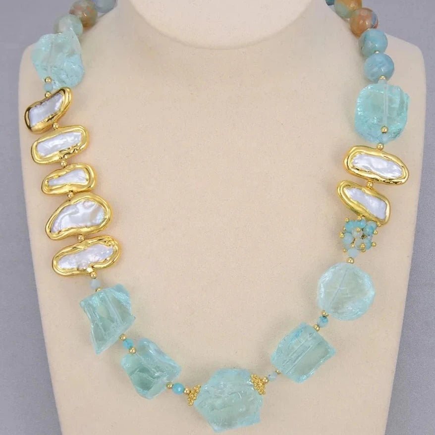 NecklacesNatural Blue Quartz Freshwater Pearl Round Agates Necklace - WS JewelleryNatural Stone Colelction