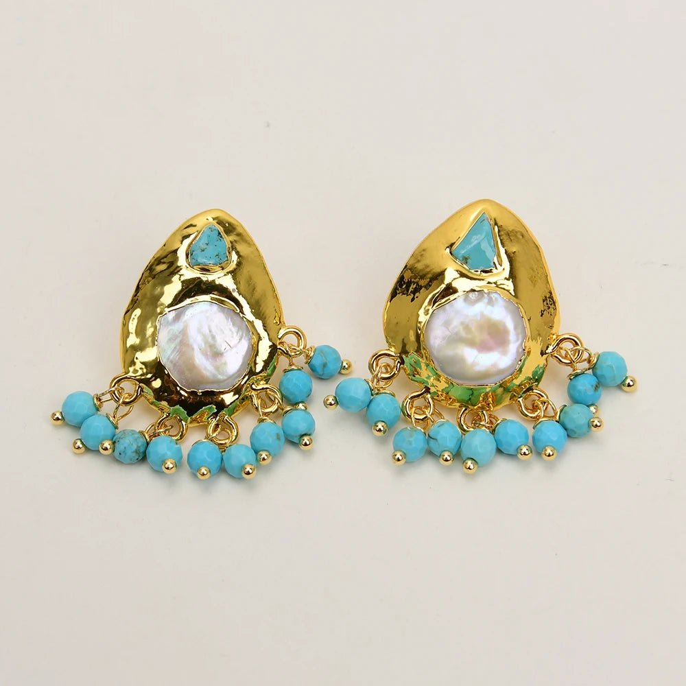 EarringsNatural Coin Pearl Blue Turquoise Paved Earrings - WS JewelleryNatural Stone ColelctionNatural Stone EarringPearl Earring