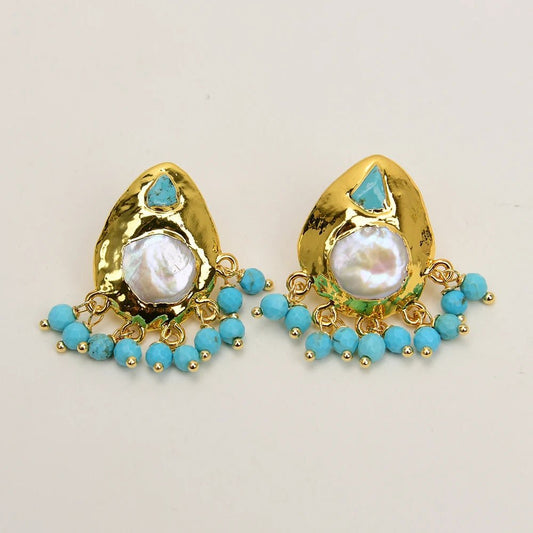 EarringsNatural Coin Pearl Blue Turquoise Paved Earrings - WS JewelleryNatural Stone ColelctionNatural Stone EarringPearl Earring