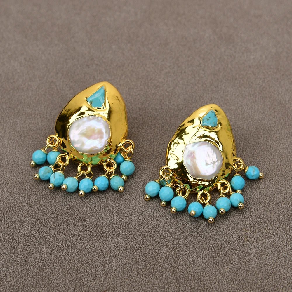 EarringsNatural Coin Pearl Blue Turquoise Paved Earrings - WS JewelleryNatural Stone ColelctionNatural Stone EarringPearl Earring