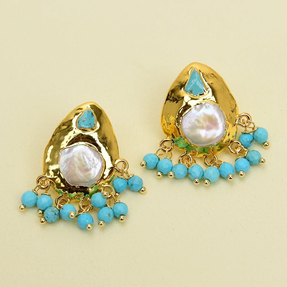 EarringsNatural Coin Pearl Blue Turquoise Paved Earrings - WS JewelleryNatural Stone ColelctionNatural Stone EarringPearl Earring