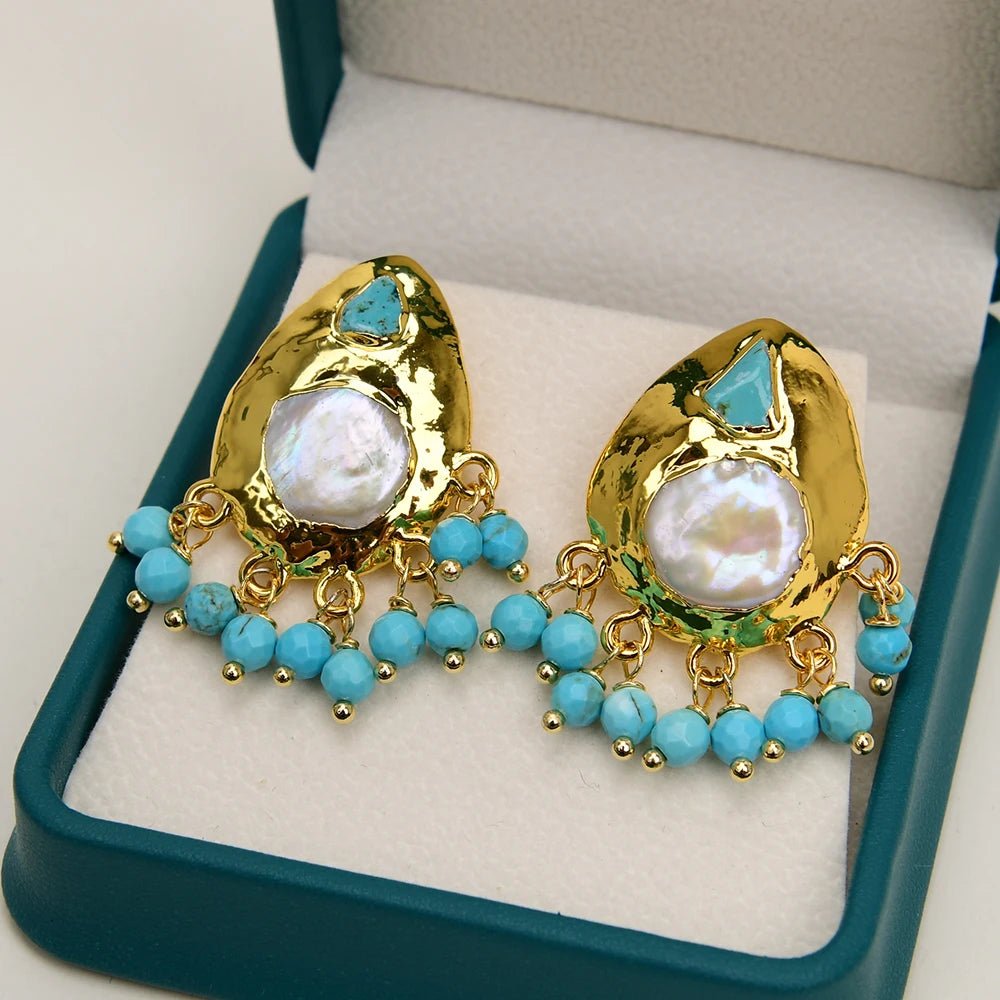 EarringsNatural Coin Pearl Blue Turquoise Paved Earrings - WS JewelleryNatural Stone ColelctionNatural Stone EarringPearl Earring