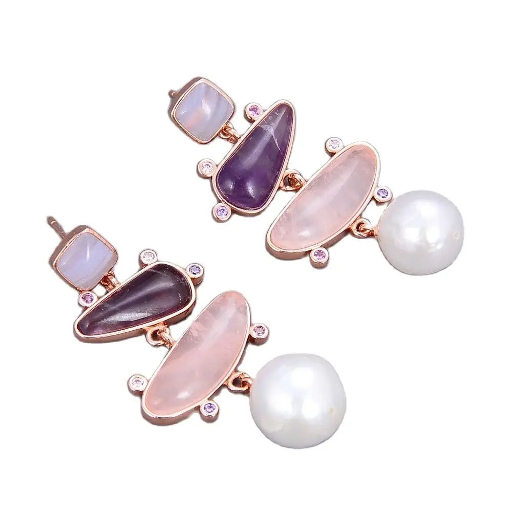 EarringsNatural Pearl Rose Quartz Amethyst Stud Earrings - WS JewelleryNatural Stone ColelctionNatural Stone EarringPearl Earring