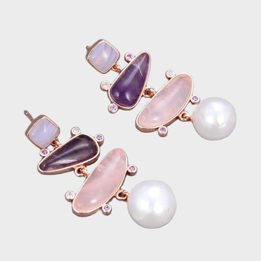 EarringsNatural Pearl Rose Quartz Amethyst Stud Earrings - WS JewelleryNatural Stone ColelctionNatural Stone EarringPearl Earring