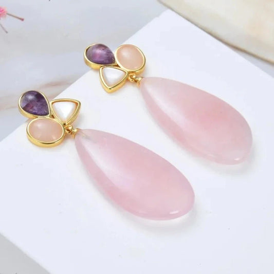 EarringsNatural Pink Rose Quartz Amethyst White Shell Stud Earrings - WS JewelleryNatural Stone ColelctionNatural Stone EarringPearl Earring