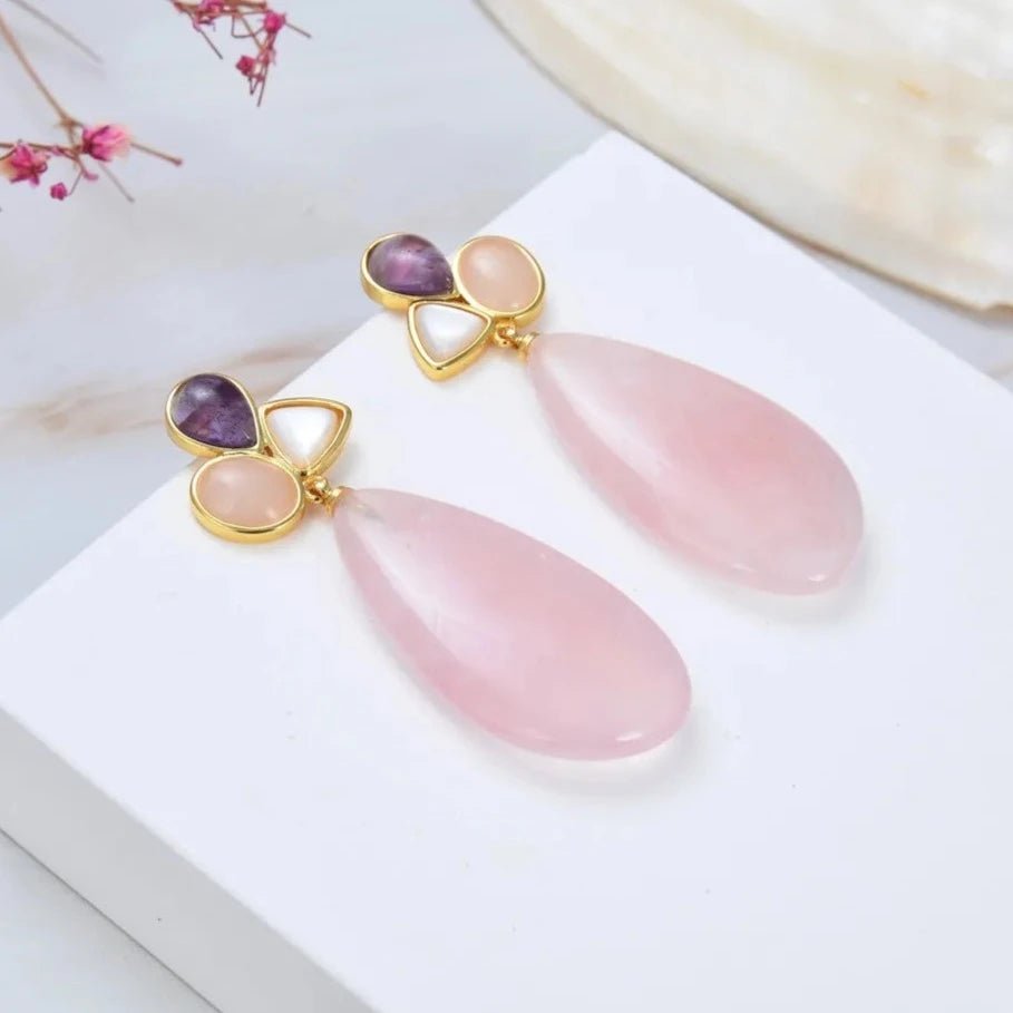 EarringsNatural Pink Rose Quartz Amethyst White Shell Stud Earrings - WS JewelleryNatural Stone ColelctionNatural Stone EarringPearl Earring