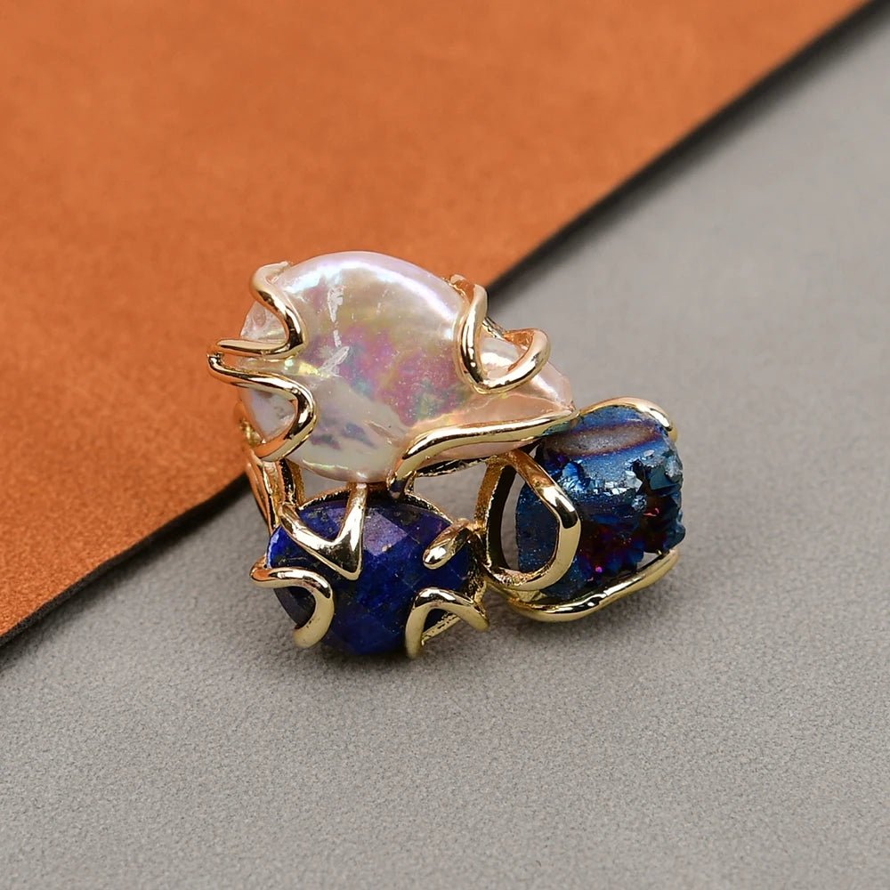 RingsNatural White Pearl Blue Lapis Lazuli Blue Quartz Adjustable Ring - WS JewelleryNatural Stone ColelctionRing