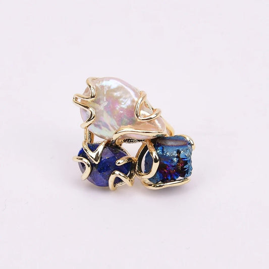 RingsNatural White Pearl Blue Lapis Lazuli Blue Quartz Adjustable Ring - WS JewelleryNatural Stone ColelctionRing