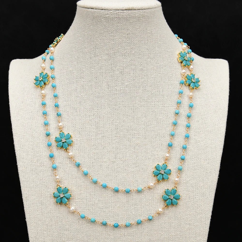 NecklacesNatural White Pearl Turquoise Blue Jade Flower CZ Necklace - WS JewelleryNatural Stone ColelctionNecklace