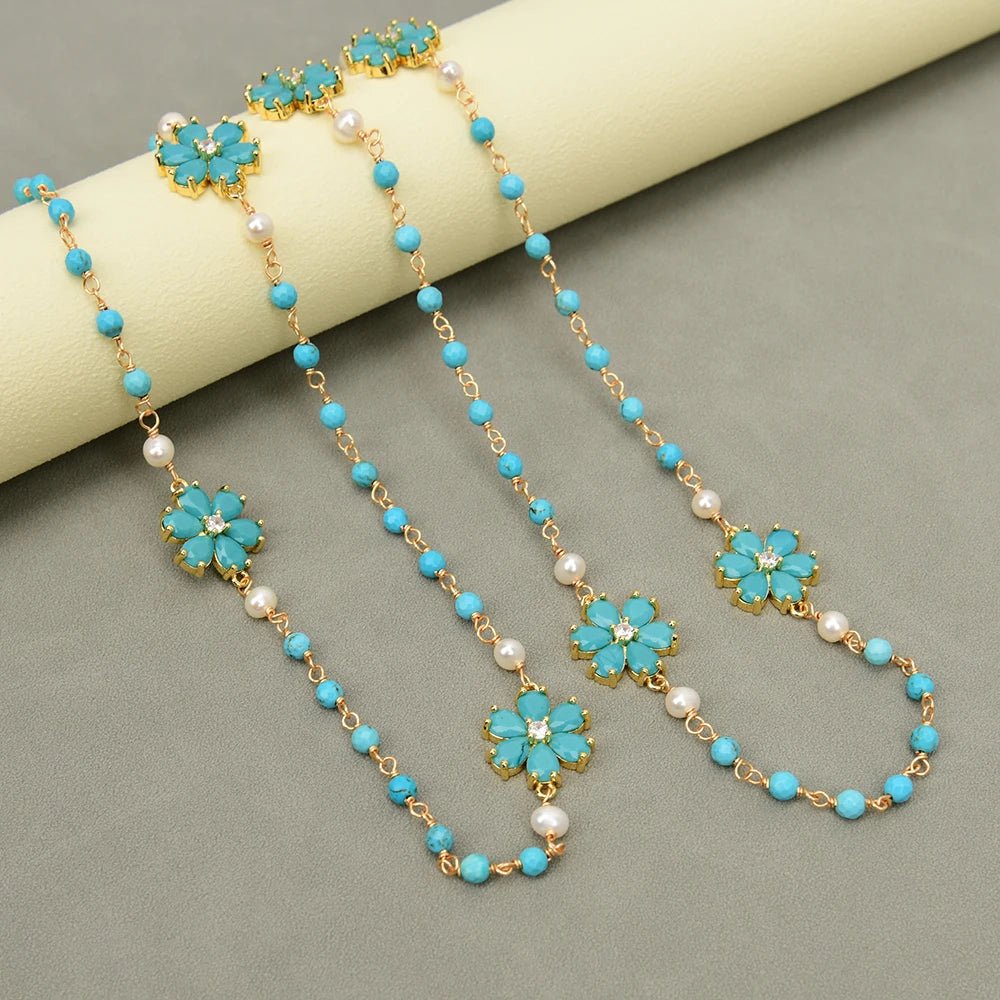 NecklacesNatural White Pearl Turquoise Blue Jade Flower CZ Necklace - WS JewelleryNatural Stone ColelctionNecklace