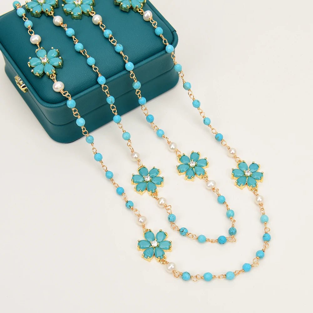 NecklacesNatural White Pearl Turquoise Blue Jade Flower CZ Necklace - WS JewelleryNatural Stone ColelctionNecklace