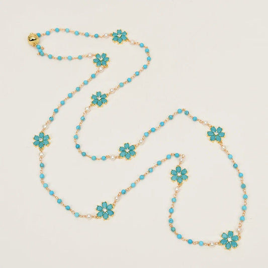 NecklacesNatural White Pearl Turquoise Blue Jade Flower CZ Necklace - WS JewelleryNatural Stone ColelctionNecklace