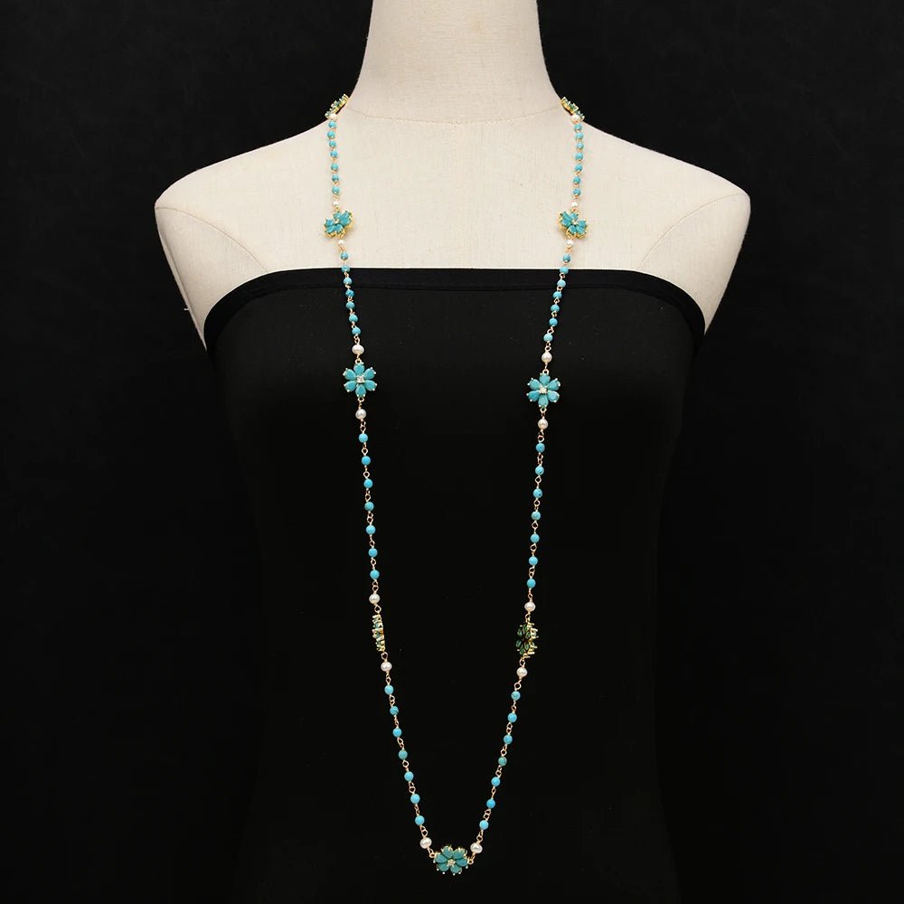 NecklacesNatural White Pearl Turquoise Blue Jade Flower CZ Necklace - WS JewelleryNatural Stone ColelctionNecklace