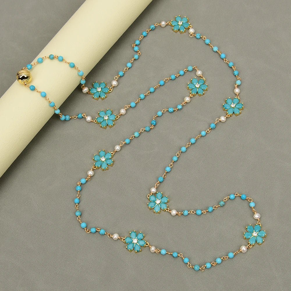 NecklacesNatural White Pearl Turquoise Blue Jade Flower CZ Necklace - WS JewelleryNatural Stone ColelctionNecklace