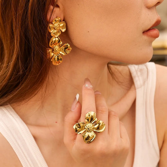 Stainless Steel Golden Flower Stud Earrings Rings Bangle - WS JewelleryStainless Steel