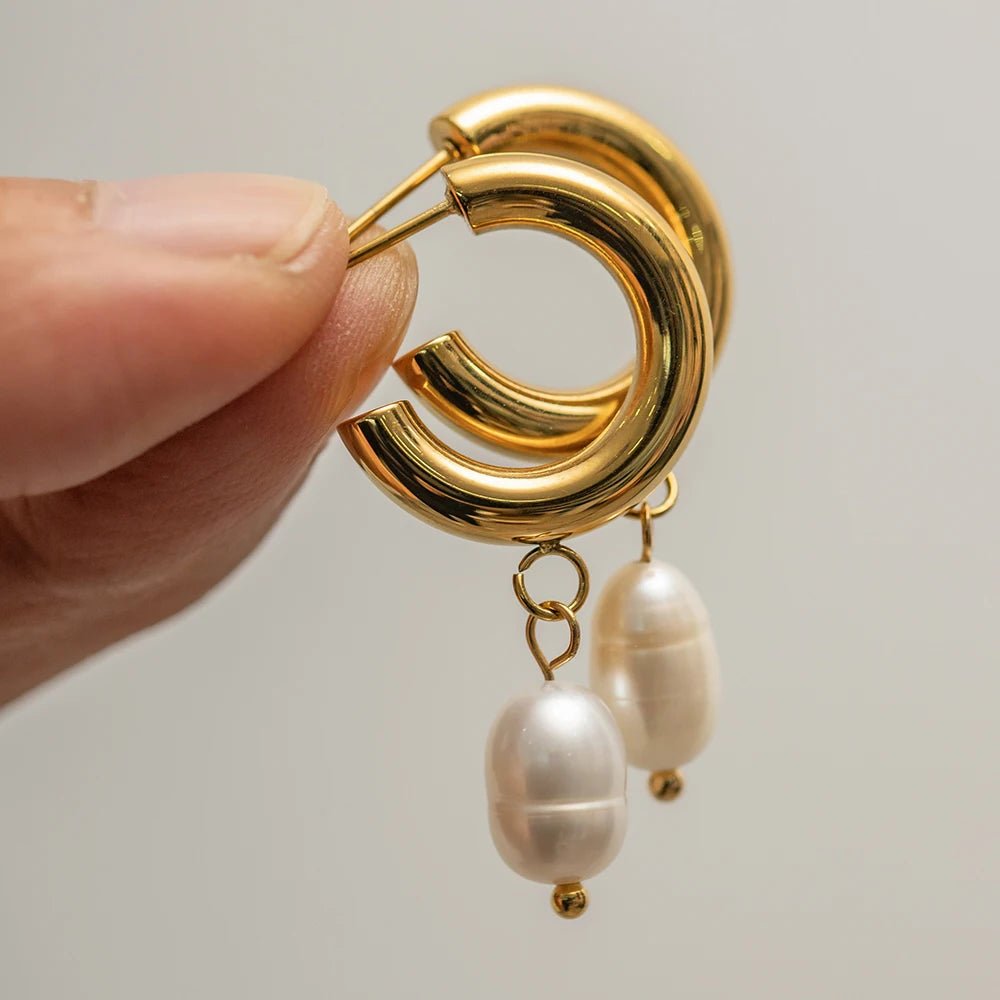 Stainless Steel Natural Pearl Hoop Earrings - WS JewelleryStainless Steel
