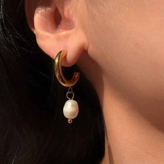 Stainless Steel Natural Pearl Hoop Earrings - WS JewelleryStainless Steel