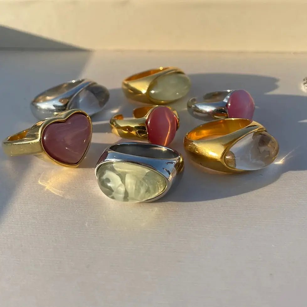 Stainless Steel Retro - inspired Jelly Heart Cabochon Gemstone Rings - WS JewelleryStainless Steel