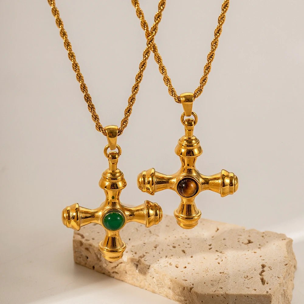 Stainless Steel Waterproof Cross Inlaid Green Agate Tiger Eye Pendant Necklace - WS JewelleryStainless Steel
