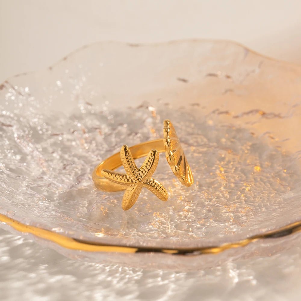 Stainless Steel Waterproof Gold Shell Starfish Adjustable Finger Ring - WS JewelleryStainless Steel