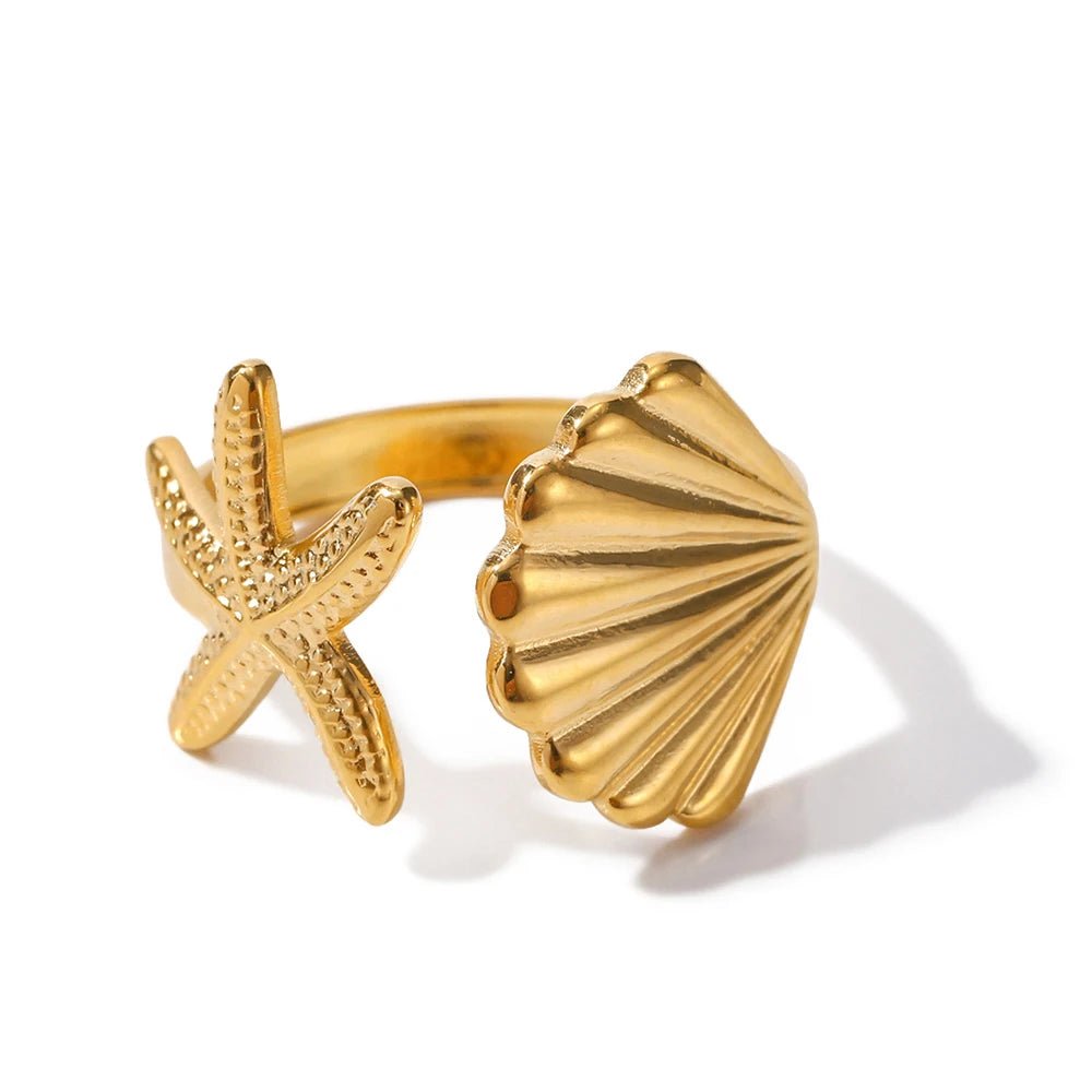 Stainless Steel Waterproof Gold Shell Starfish Adjustable Finger Ring - WS JewelleryStainless Steel