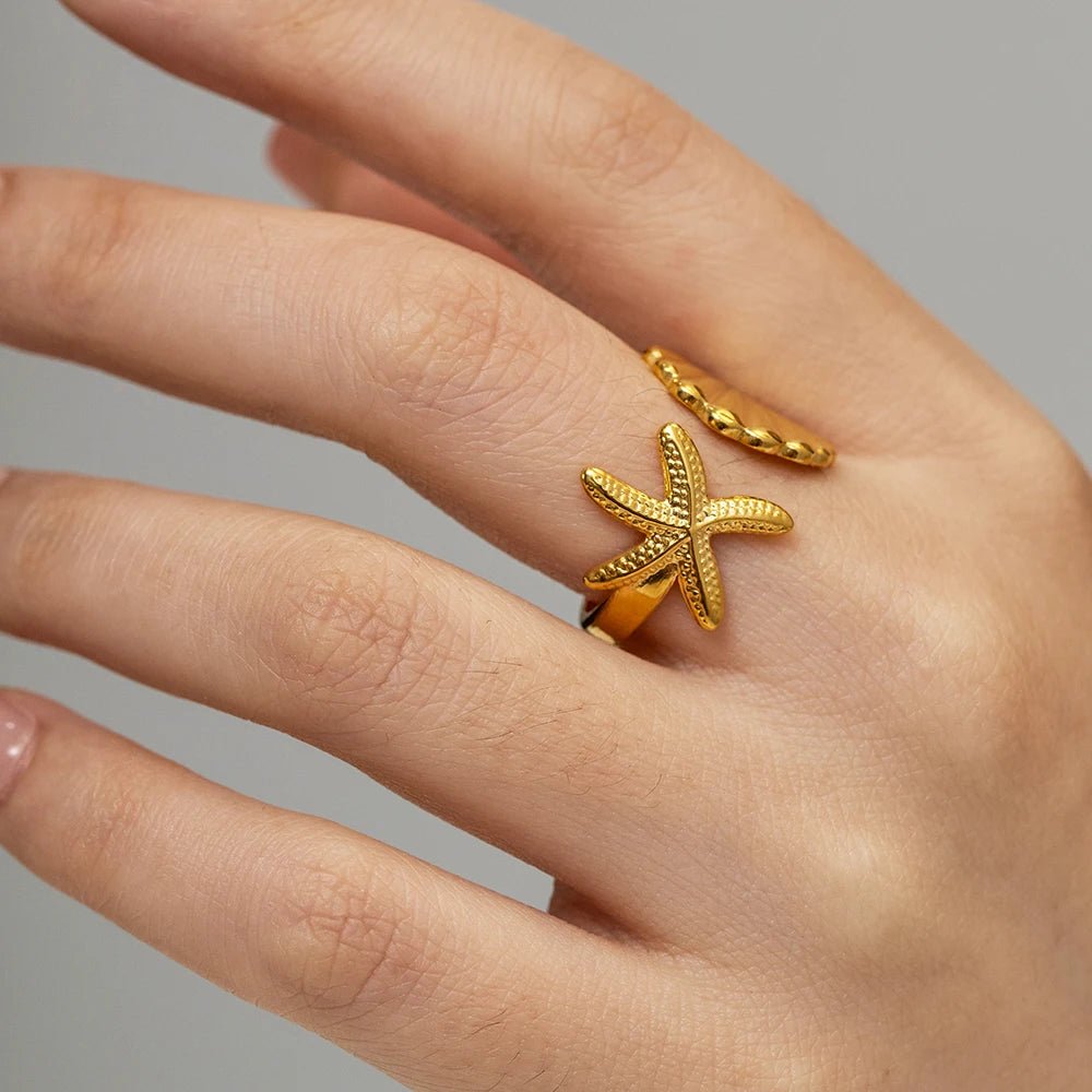 Stainless Steel Waterproof Gold Shell Starfish Adjustable Finger Ring - WS JewelleryStainless Steel