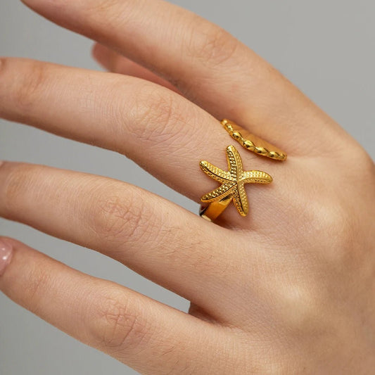 Stainless Steel Waterproof Gold Shell Starfish Adjustable Finger Ring - WS JewelleryStainless Steel