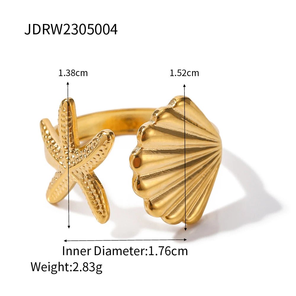 Stainless Steel Waterproof Gold Shell Starfish Adjustable Finger Ring - WS JewelleryStainless Steel