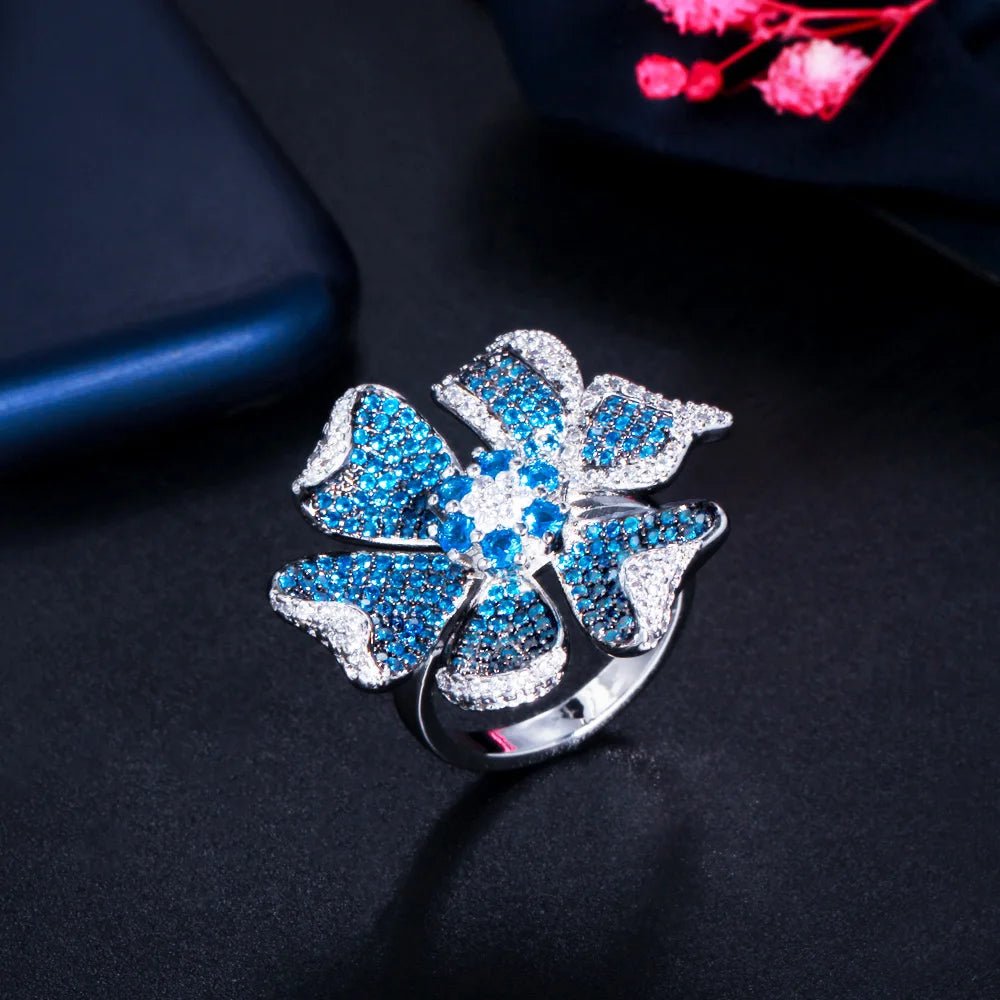 RingsTwo Tones Blue Flower Rind R238 - WS JewelleryBridal RingCocktail RingFlower Ring