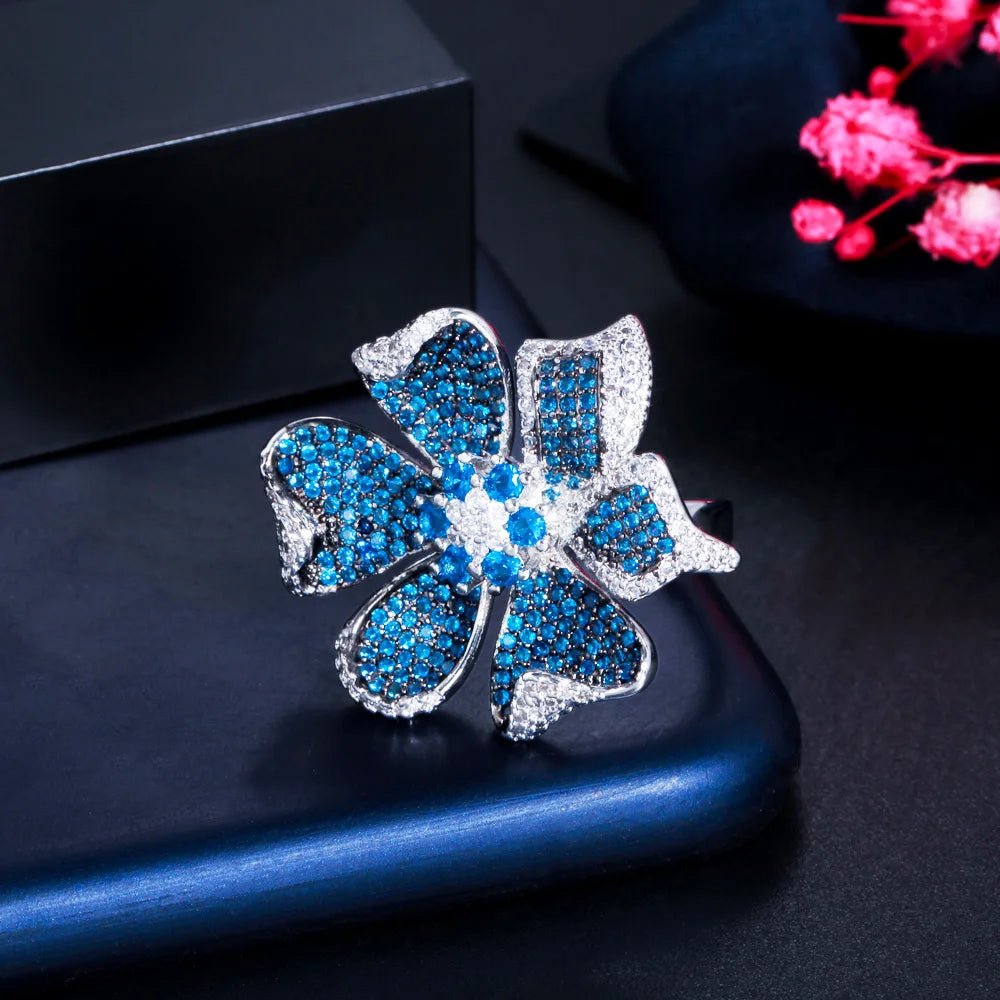 RingsTwo Tones Blue Flower Rind R238 - WS JewelleryBridal RingCocktail RingFlower Ring