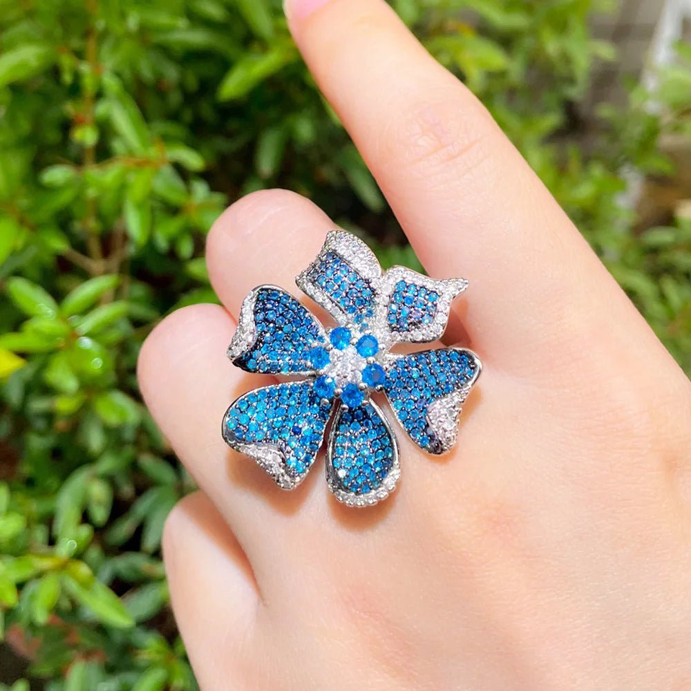 RingsTwo Tones Blue Flower Rind R238 - WS JewelleryBridal RingCocktail RingFlower Ring