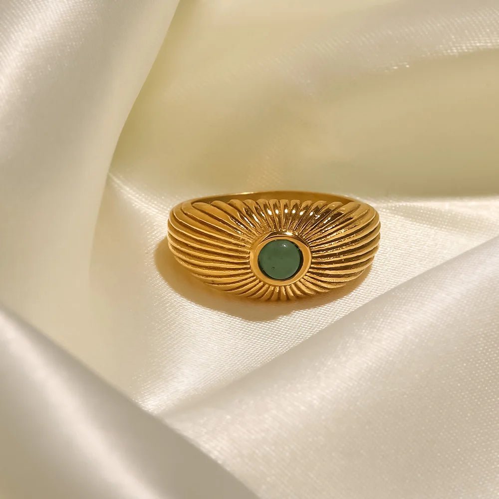 Vintage Waterproof Natural Green Stone Open Ring - WS JewelleryStainless Steel