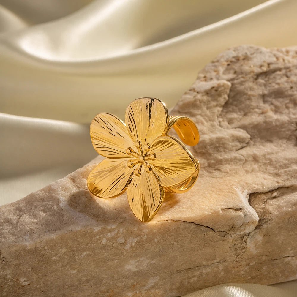 Waterproof 18K Gold Plated Stainless Steel Flower Open Ring - WS JewelleryStainless Steel