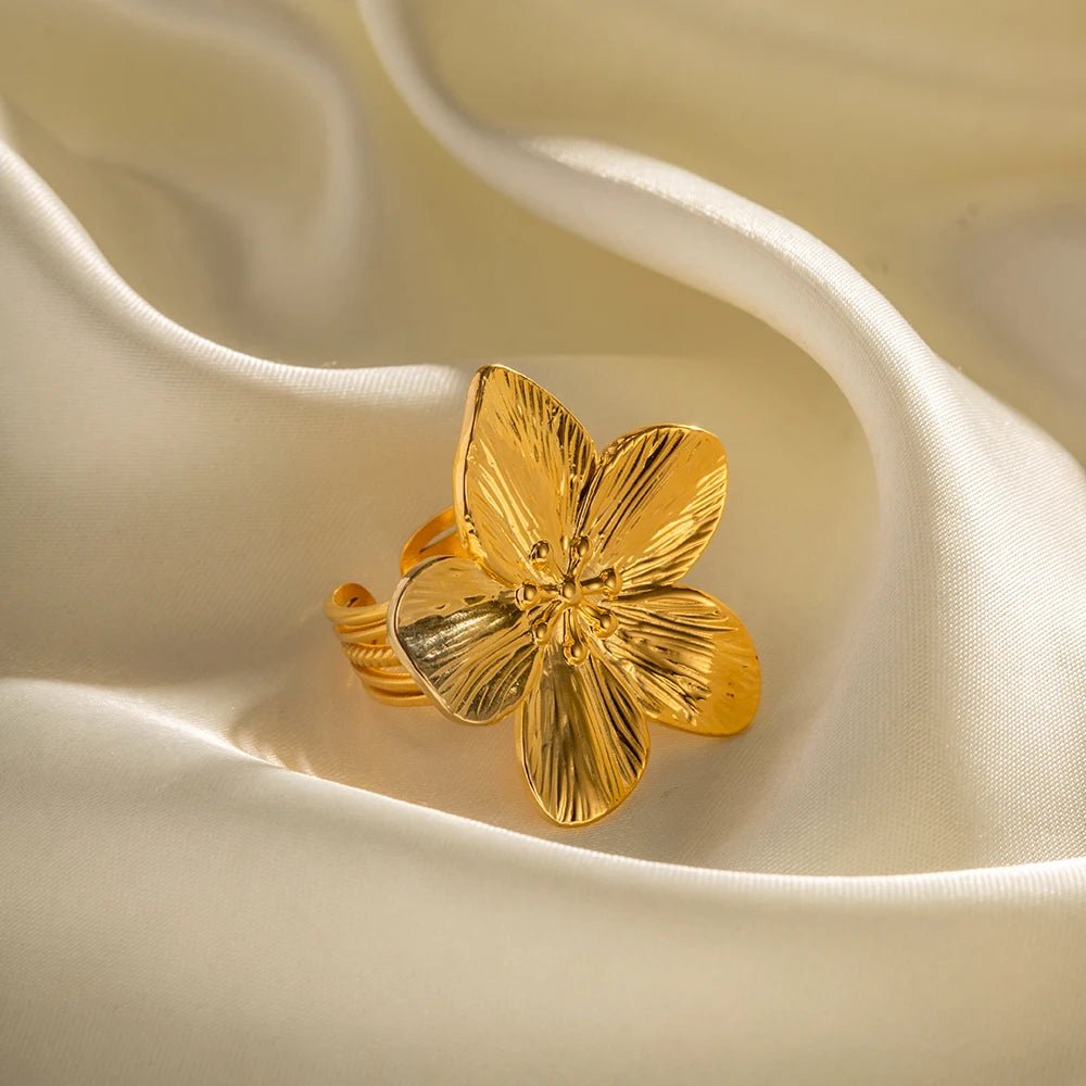 Waterproof 18K Gold Plated Stainless Steel Flower Open Ring - WS JewelleryStainless Steel