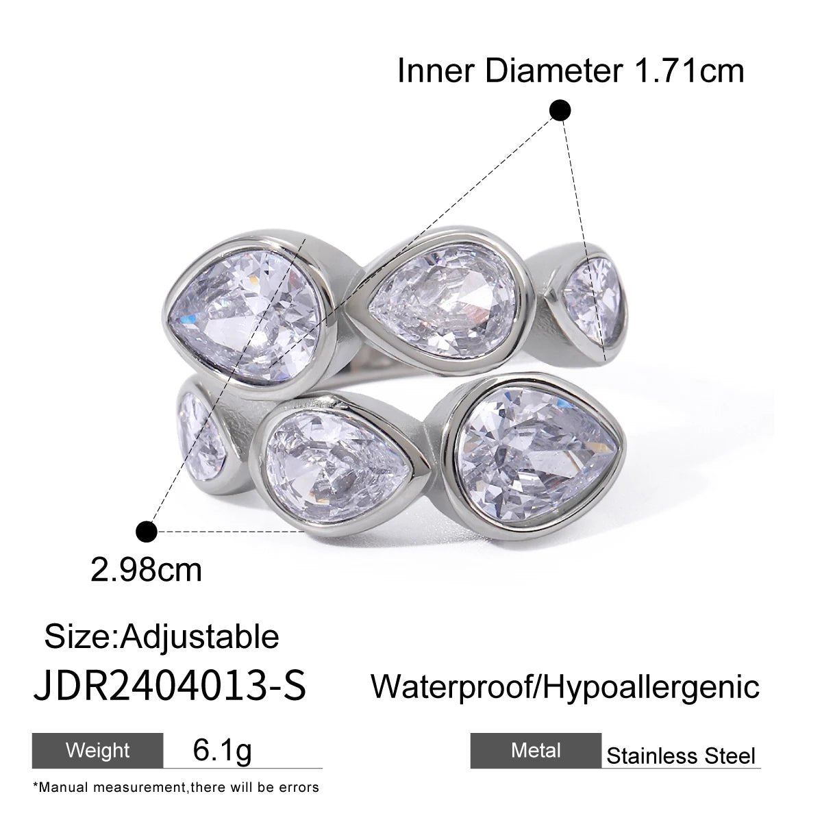 Waterproof Luxury Shiny CZ Exquisite Stainless Steel Open Ring - WS JewelleryStainless Steel