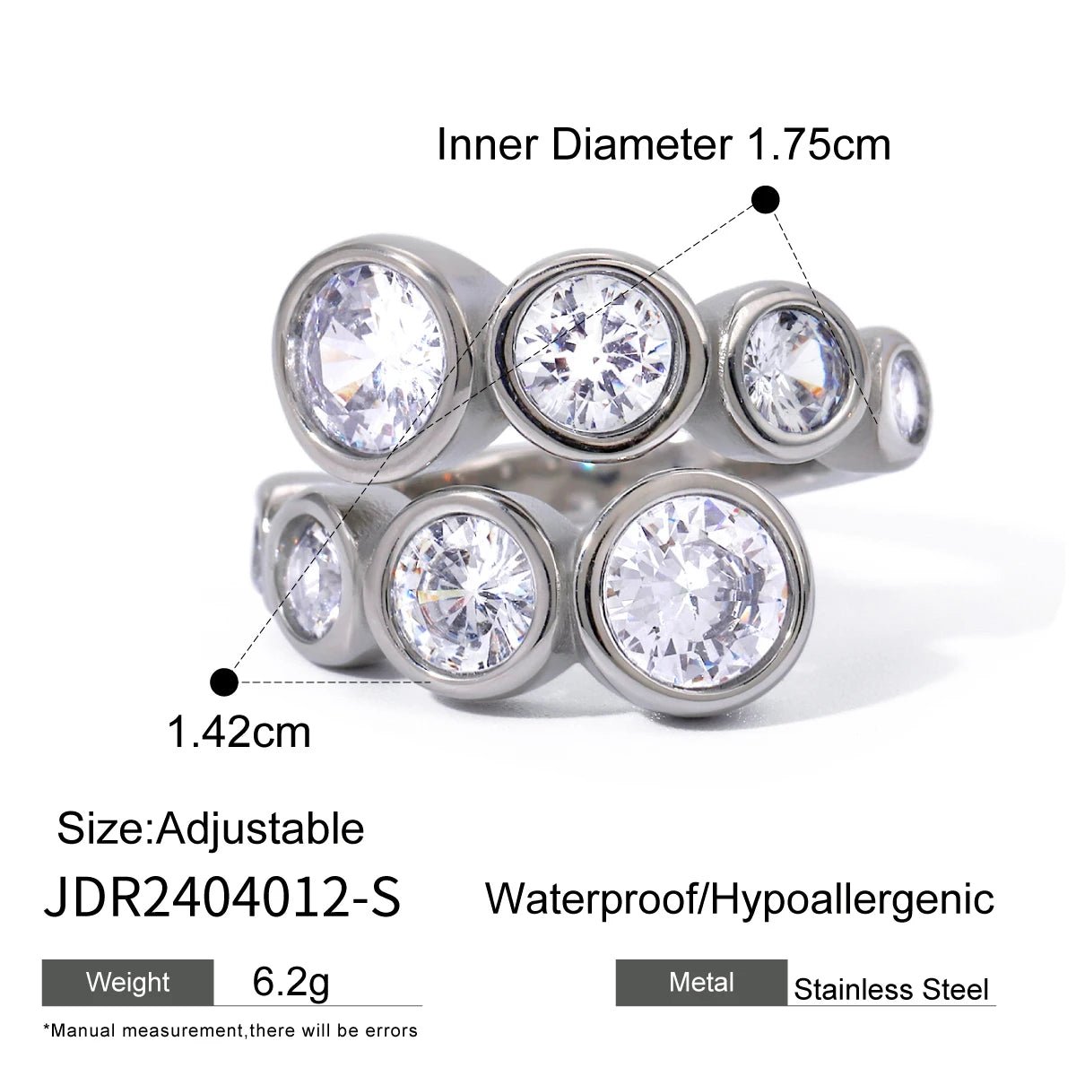 Waterproof Luxury Shiny CZ Exquisite Stainless Steel Open Ring - WS JewelleryStainless Steel