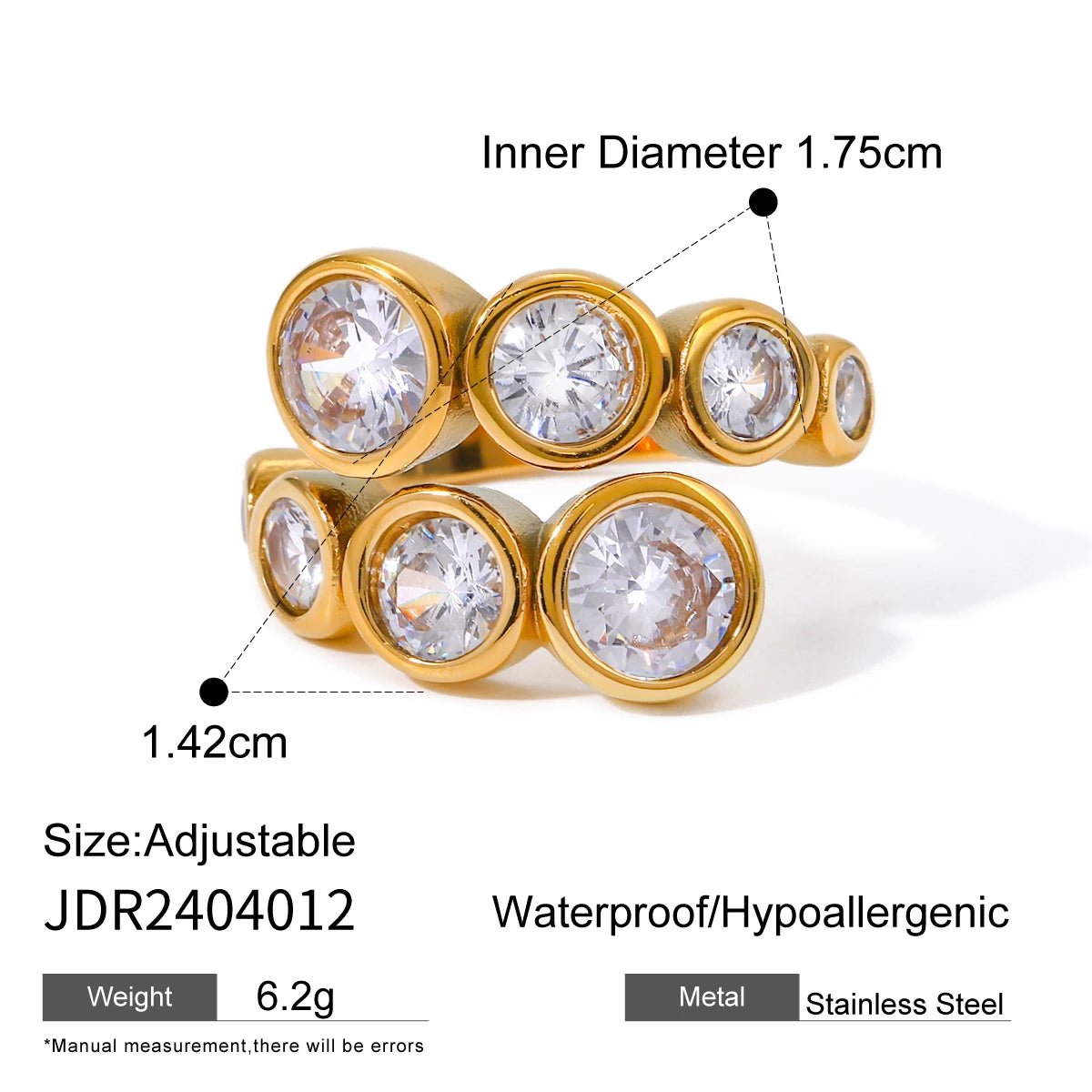 Waterproof Luxury Shiny CZ Exquisite Stainless Steel Open Ring - WS JewelleryStainless Steel