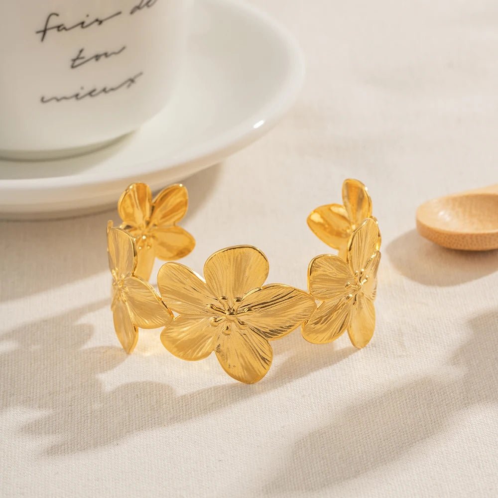 Waterproof Stainless Steel 18K GP Flower Wide Bracelet - WS JewelleryStainless Steel